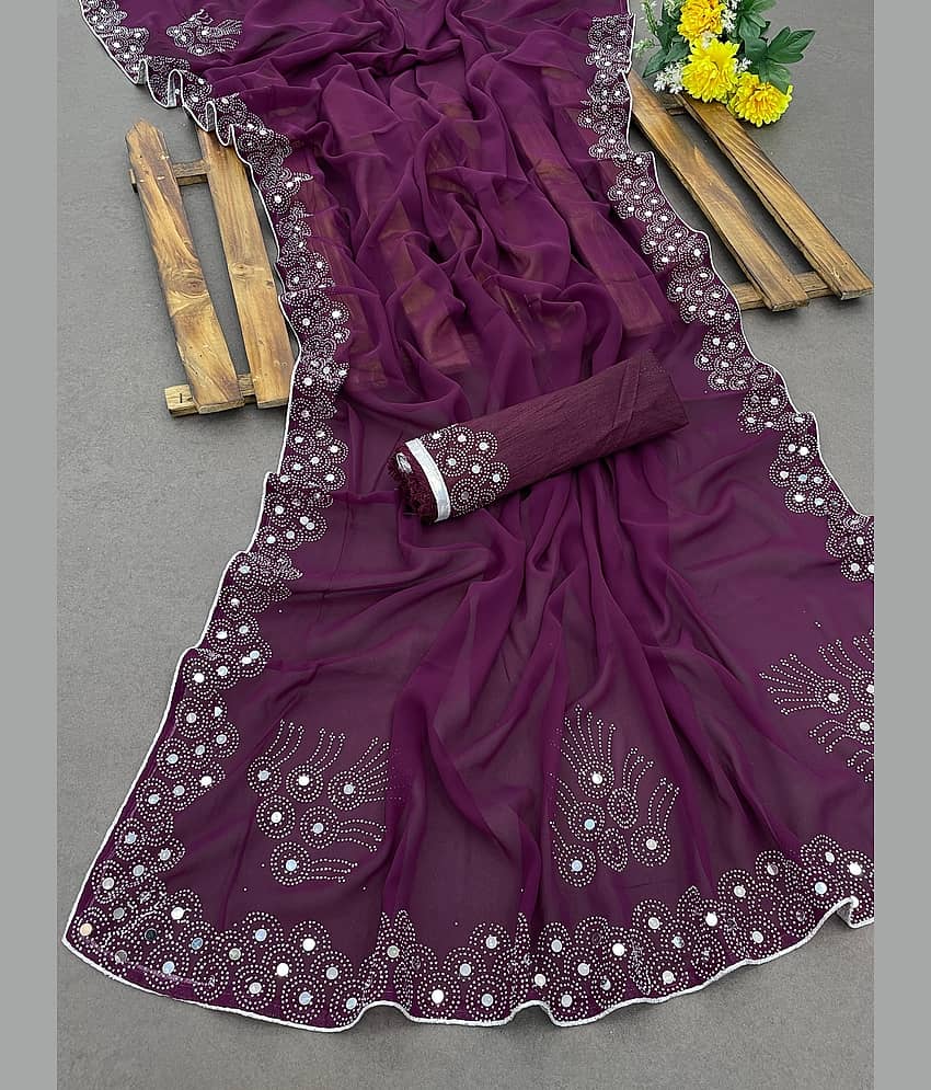 VEERAIVA Georgette Embellished Saree With Unstitched Blouse Piece ( Maroon )
