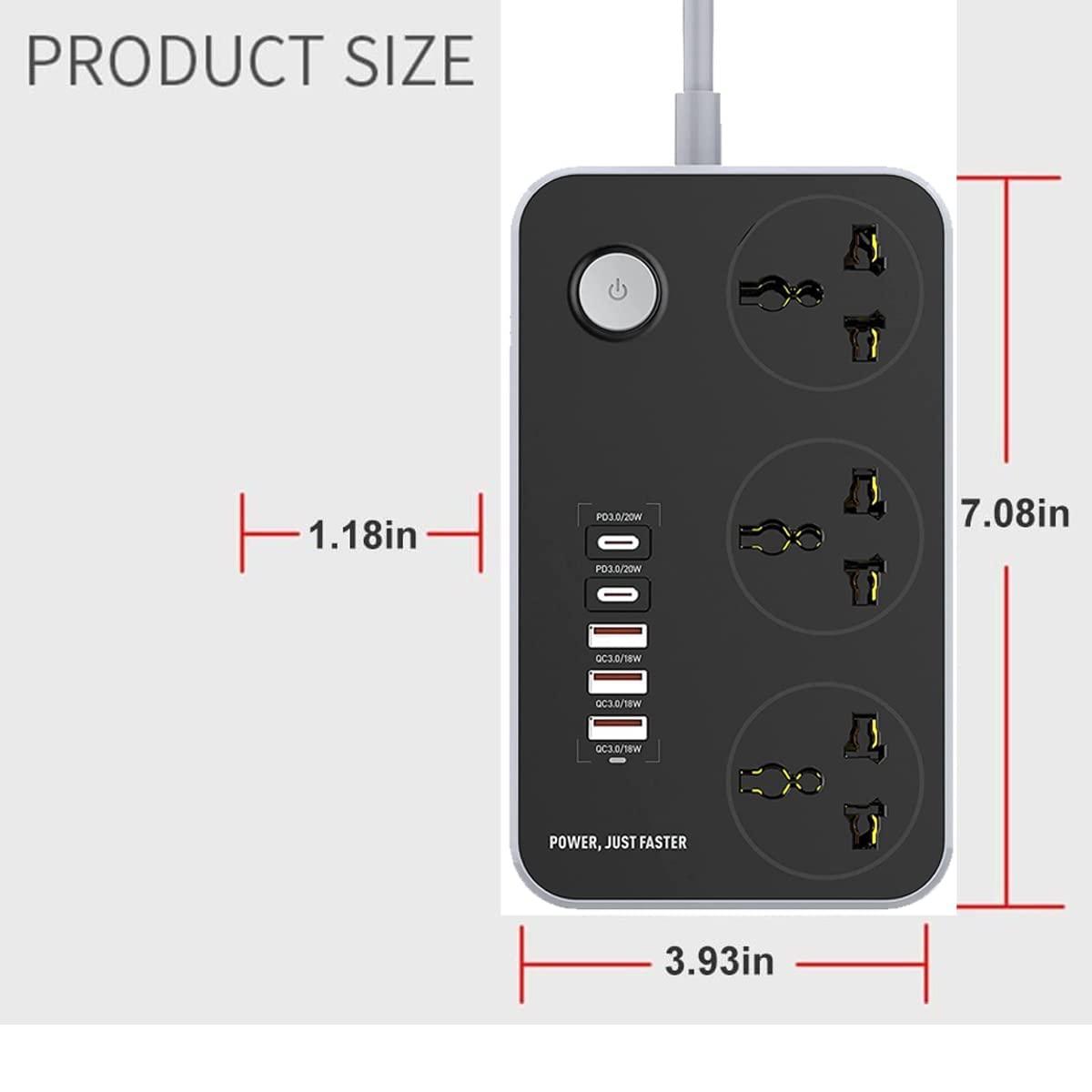 Extension Board with USB Ports 2500W Extension Fire Resistant 3 Socket with 38W 3 USB & 20W Fast 2 Type C Ports Fast Charger Heavy Duty & Universal Surge Protection Sockets with 2 Miter Wire view 2
