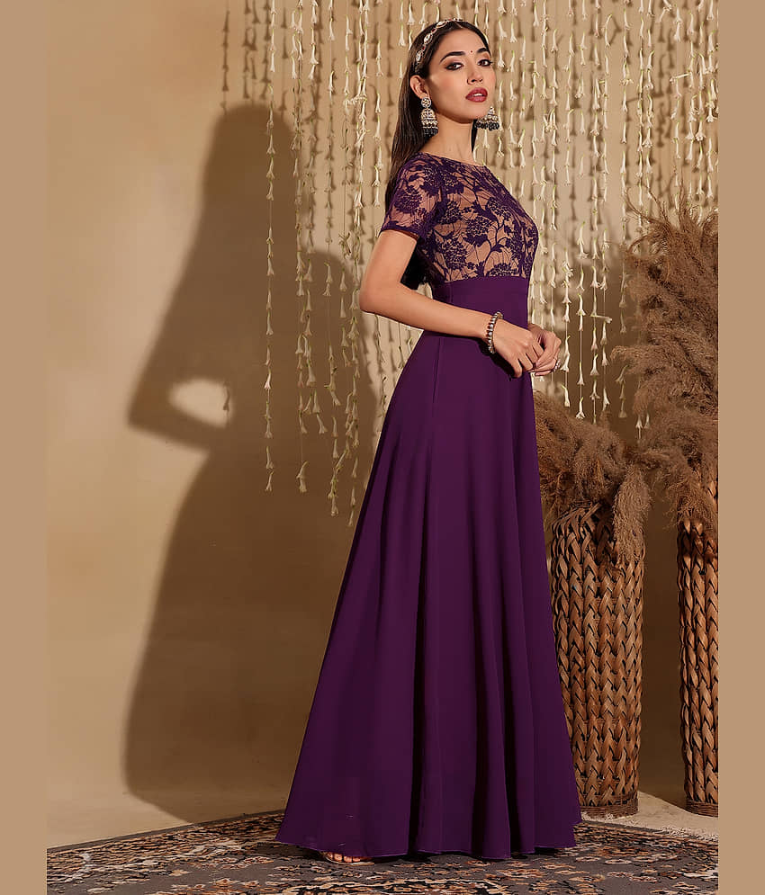 Miss Chase Women Georgette Self Design Fit & Flare Dress ( Purple ) view 2