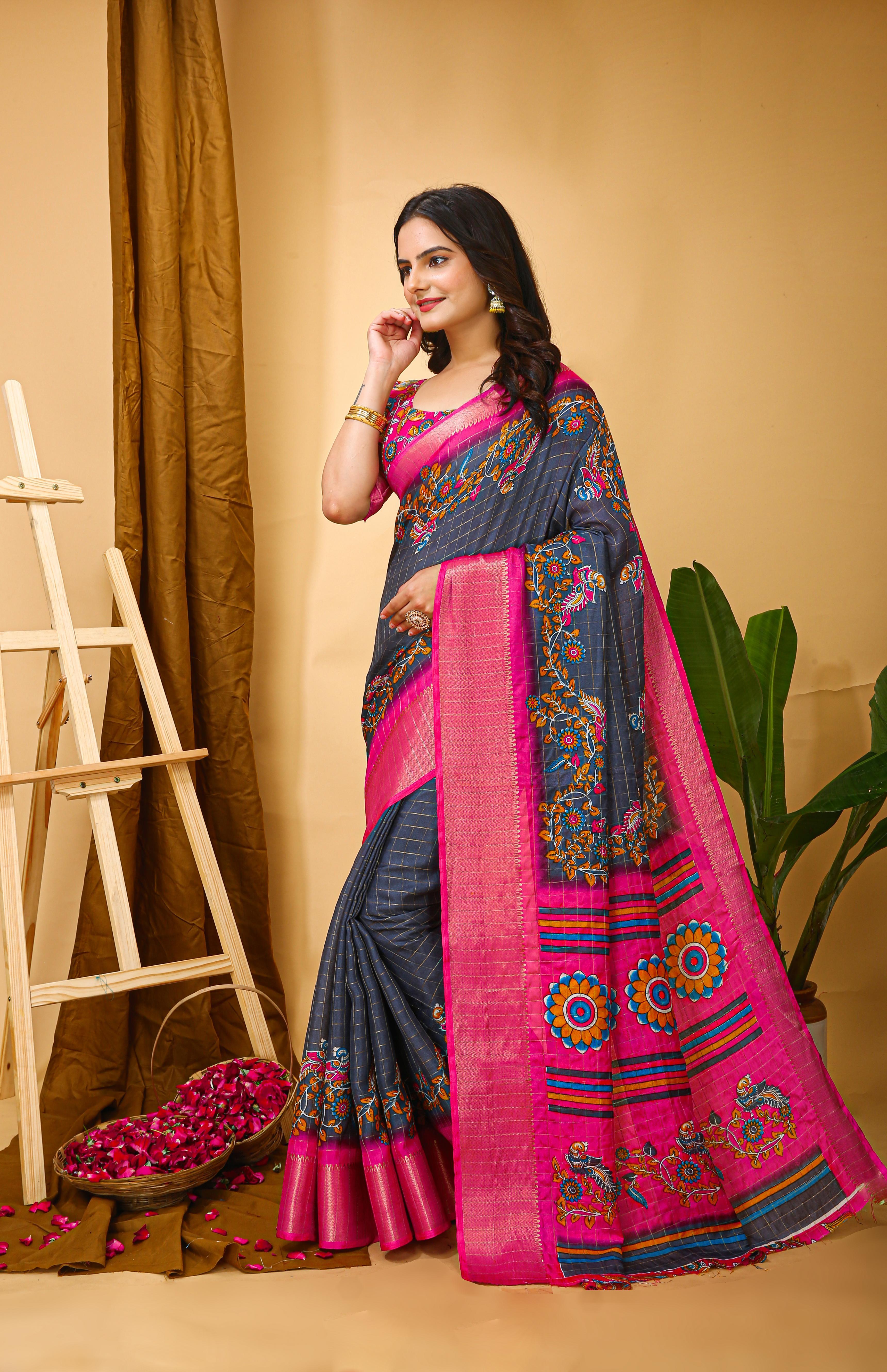 Kalamkari Print Dola Silk Saree view 2