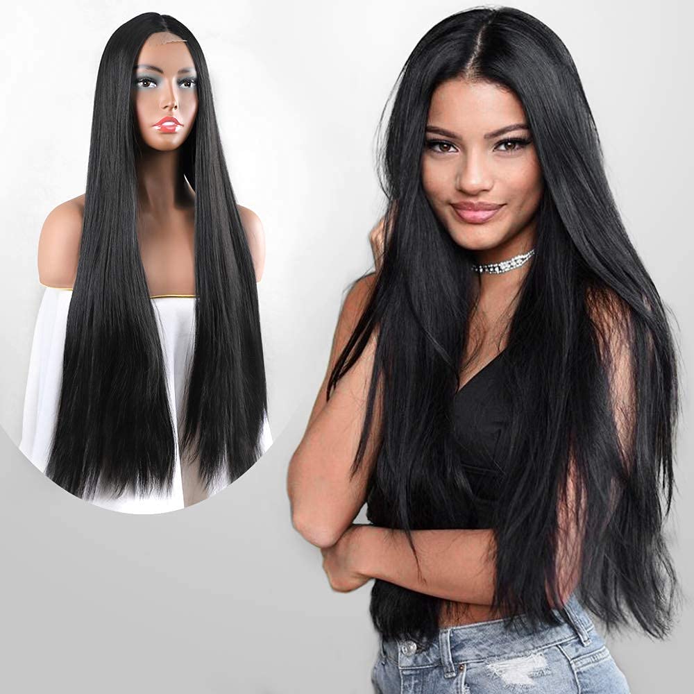 AkashKrishna Long Black Hair Wigs for Women Straight Synthetic Hair Middle Part Hair Wig Heat Resistant Fiber (Black) view 2