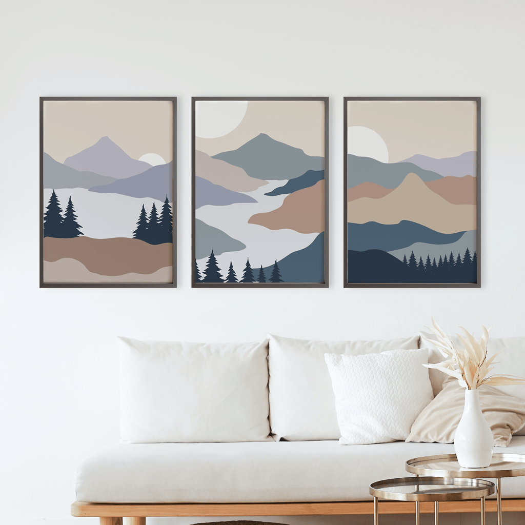 Rustic Charm Set of 3 Abstract Landscape Wall Art for Living room, Office and Hotel | Mountains River|9 x 13 inches (A4)|Beige view 2