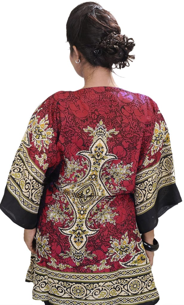 Rococco Red Printed Short Boho Kaftan with Dori at Waist view 2