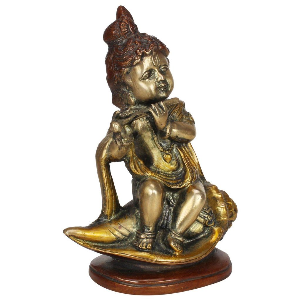 ARTVARKO Brass Lord Bal Krishna Bhagwan Playing Flute on Shankh | Religious Idol Statue for Gift Murti for Home Mandir Temple Auspicious Conch Bronze Color 8 Inch view 2