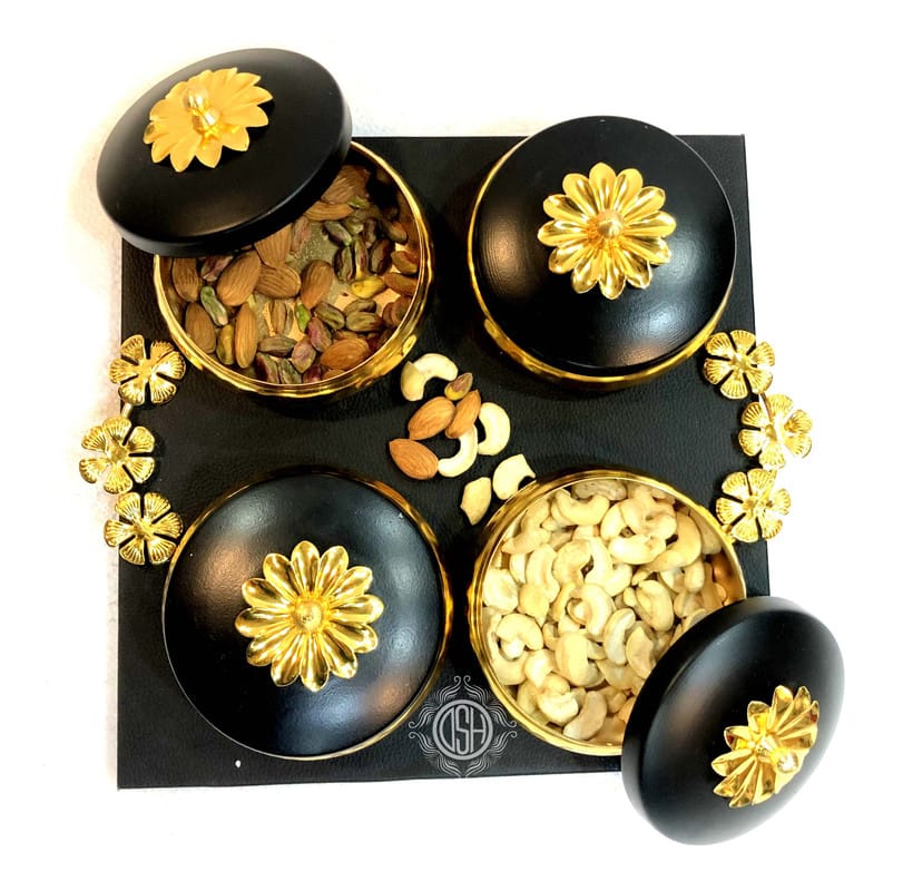 Handcrafted Serving (Snacks, Dry Fruits) Home/Kitchen Handcrafted Wooden Tray/Platter with Serving Pots (Set of 4 pots) view 2