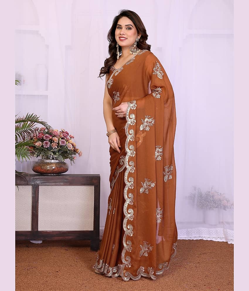 BLEESBURY Georgette Embroidered Regular Saree With Unstitched Blouse Piece ( Brown ) view 2