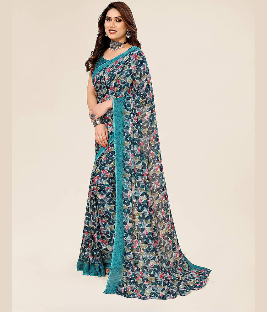 ANAND SAREES Georgette Printed Saree With Unstitched Blouse Piece ( Blue ) view 2