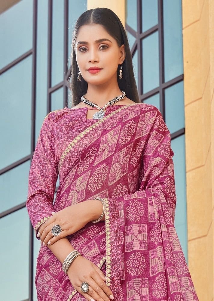 Digital Printed Georgette Saree in Pink view 2