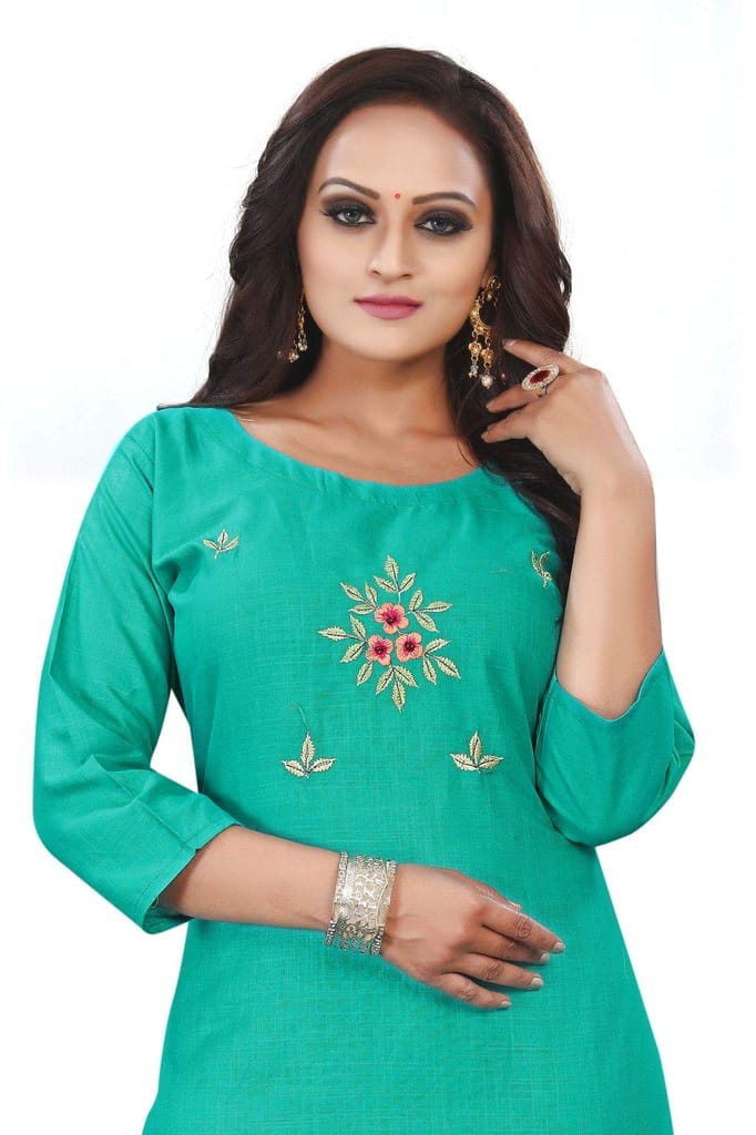 STYLEOO Women's Ruby Slub 3/4 Sleeves Embroidered Kurti (M, L, XL, XXL Light Green) view 2