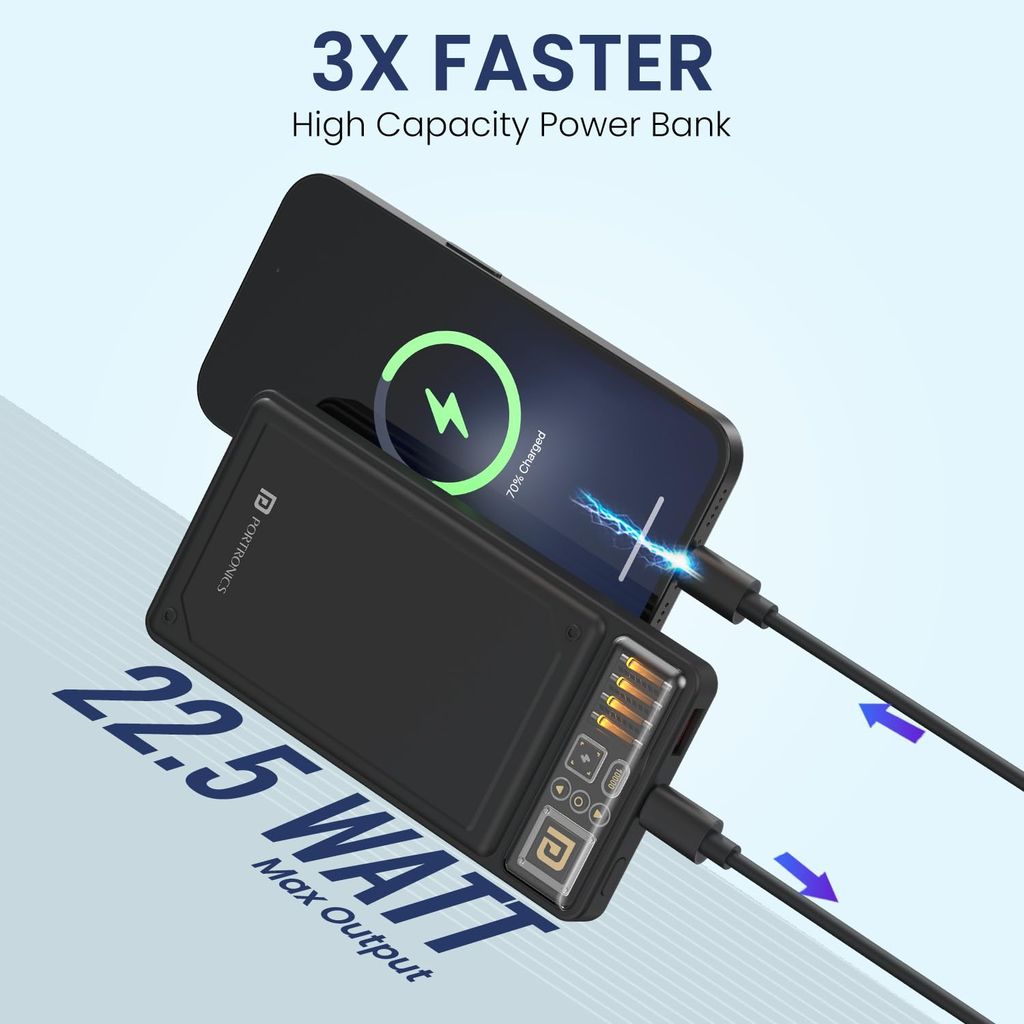 Portronics Luxcell C 10K 10000 mAh 22.5W Fast Charging Power Bank, Ultra Slim Power Bank with Mach USB-A Output, Type C PD Output, Type C Input, LED Indicator, Wake Up Button (Black) view 2