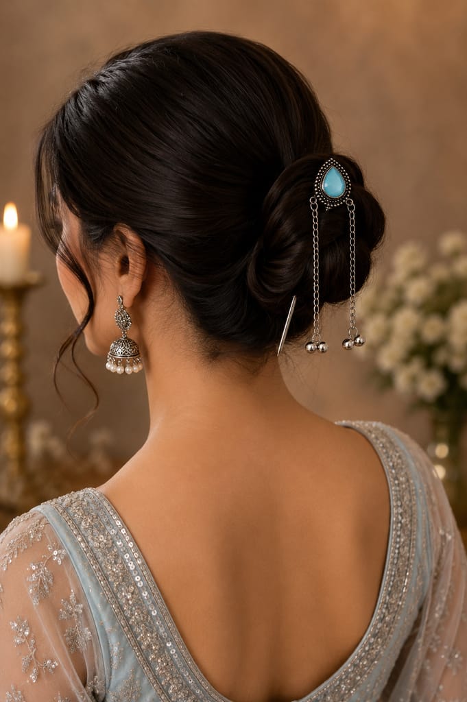 Handmade Oxidised Silver Tone Metal Juda Stick Hair Pin with Turquoise Blue Stone view 2