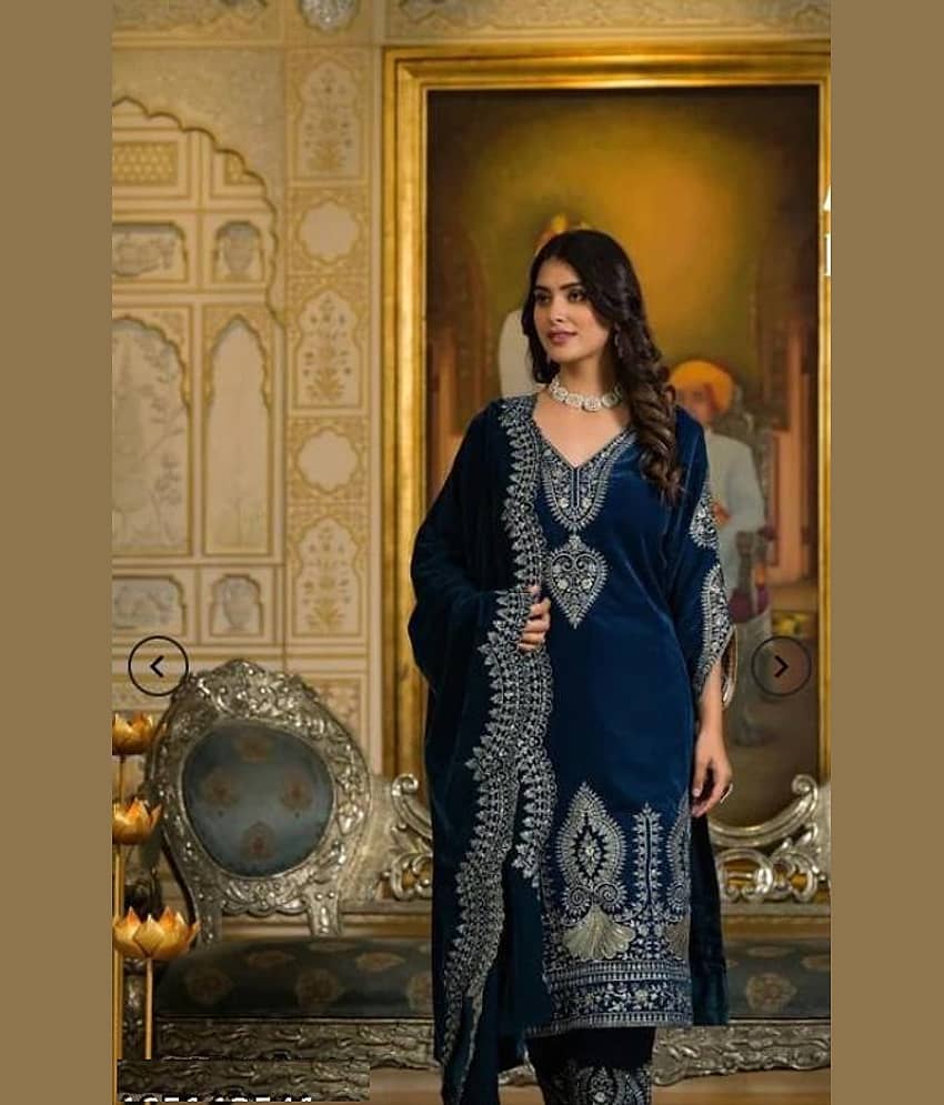 BHAGYASHRAY Velvet Embroidered Kurti With Pants Women's Stitched Salwar Suit - Blue ( Pack of 1 ) view 2