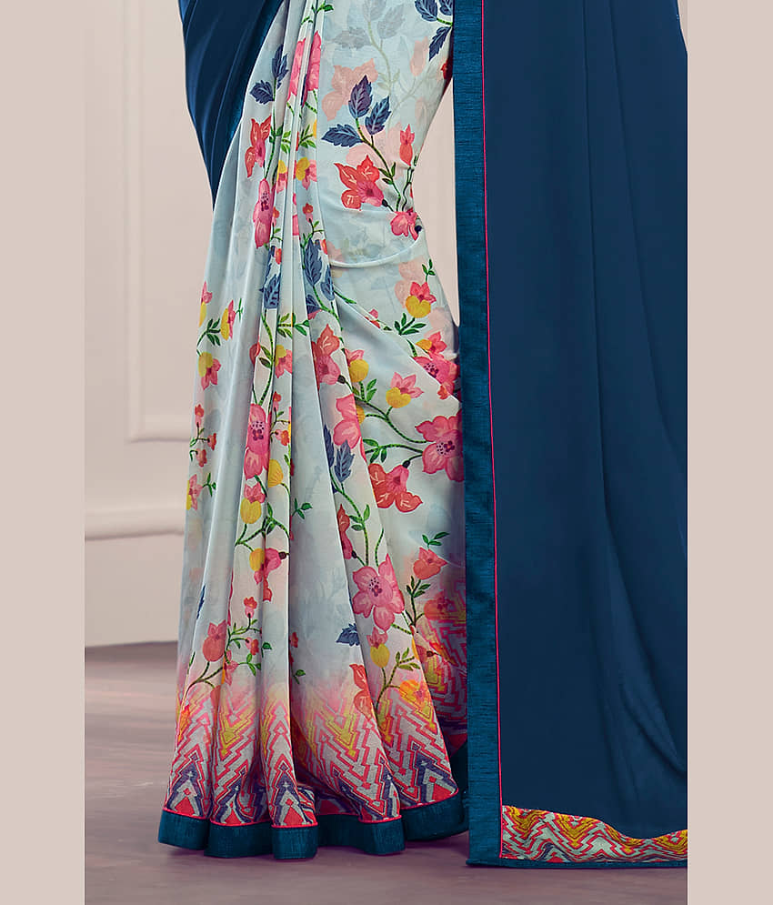 BLEESBURY Georgette Printed Saree With Unstitched Blouse Piece ( Navy Blue ) view 2