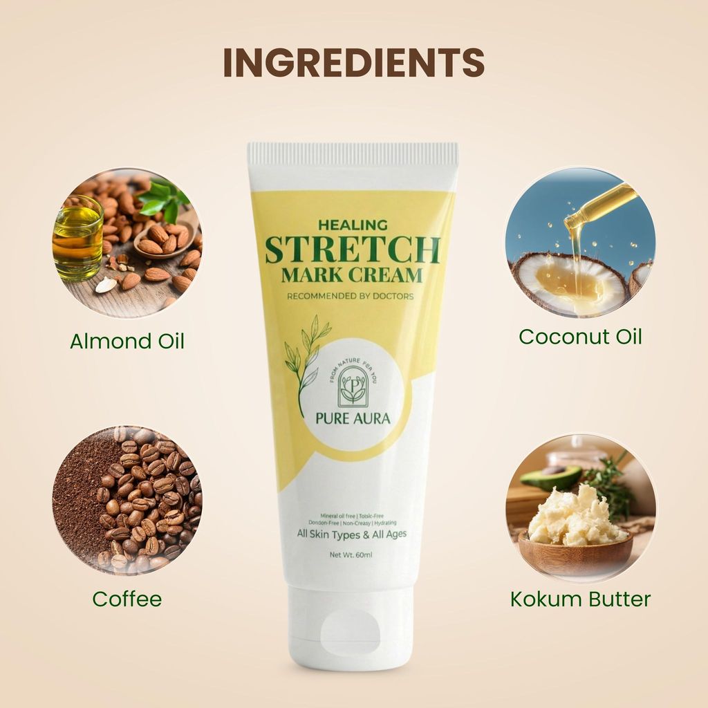Pure Aura Healing Stretch Mark Cream | Visible Reduction in Stretch Marks in 10 Days | Hydrating Ayurvedic Blend Coconut, Almond & Centella | 60 ml view 2