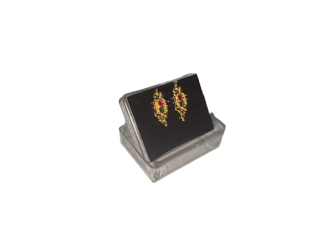 Gold Plated Traditional Indian Jhumka Earrings with Ruby and Emerald Stones view 2