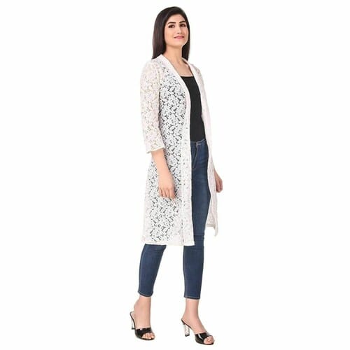 Women's White MH Coat Style Shrugs Formal Wear Cotton Net Shrug For Women & Girls Both. view 2