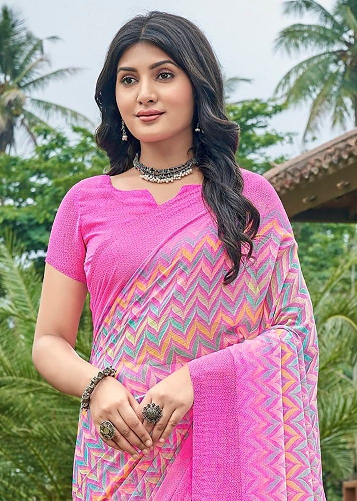 Digital Printed Chiffon Saree in Pink view 2