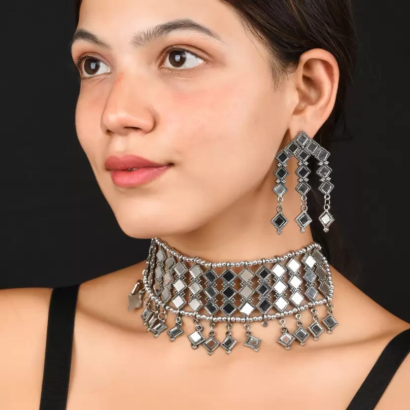 Pujvi Fashions Oxidised Mirror Choker necklace set view 2
