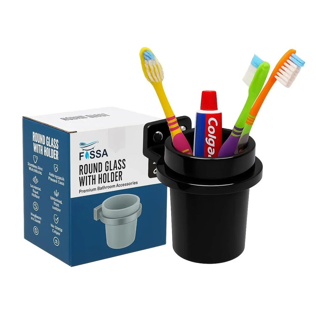 Black Brush Holder Unbreakable Abs Round Ceramic Finish (RB-123)