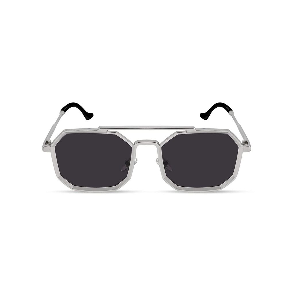 4Flaunt Full Rim Irregular Rectangular Sunglasses | Goggles For Men & Women | 100% UV Protected | Metal Frame With Spring Hinges | Medium (Silver, Black) view 2