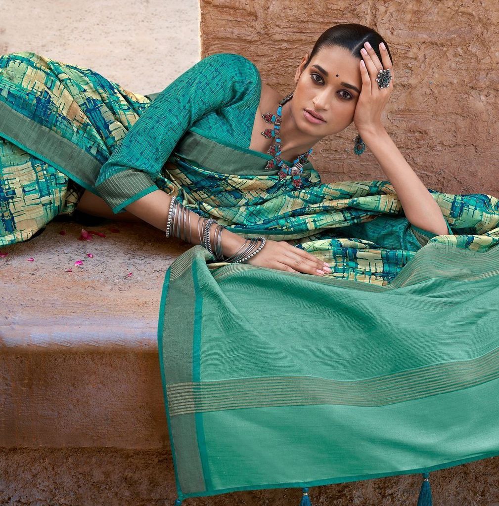 Digital Printed Art Silk Saree in Blue view 2