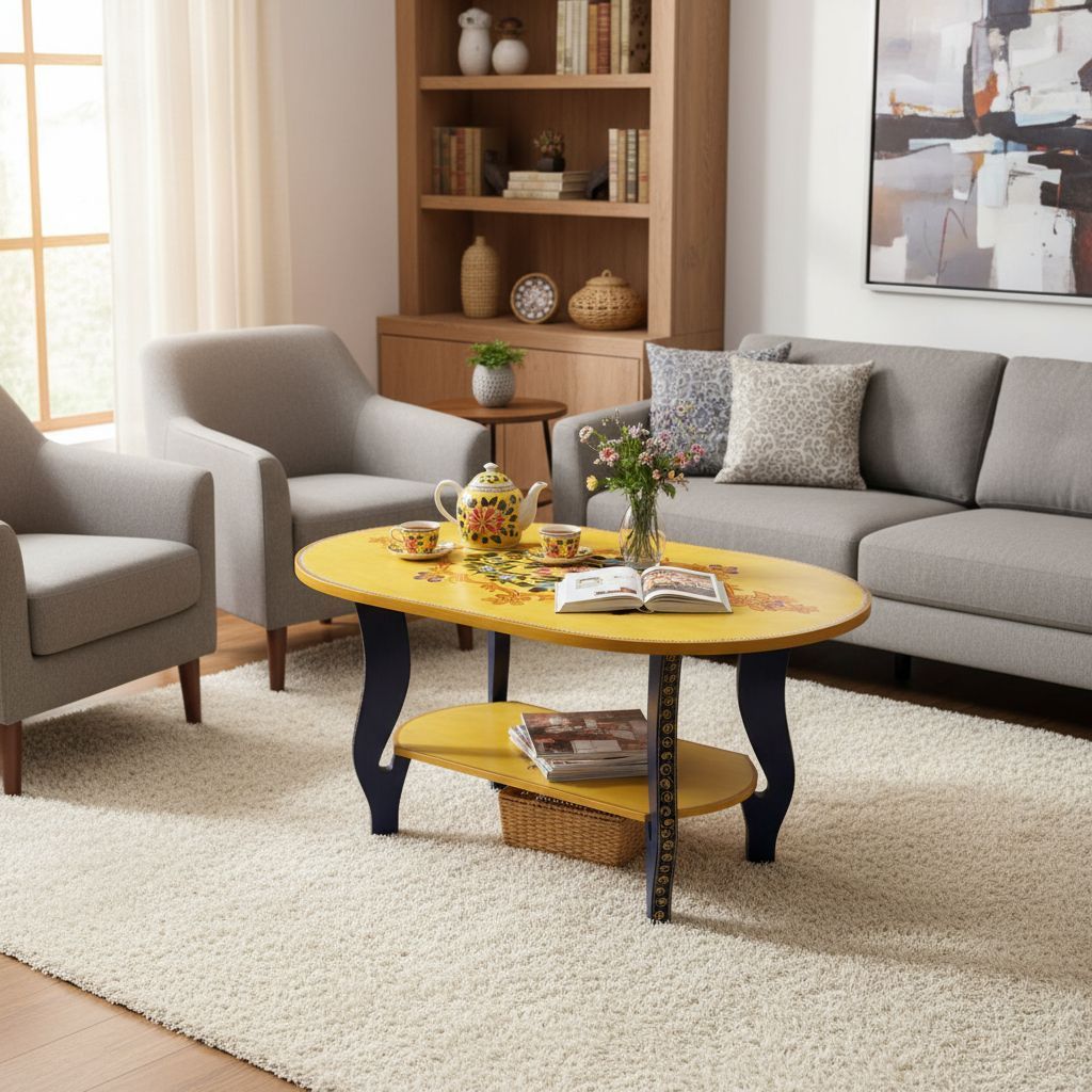 Hand-Painted Oval Two-Tier Yellow Coffee Table with Floral Design view 2