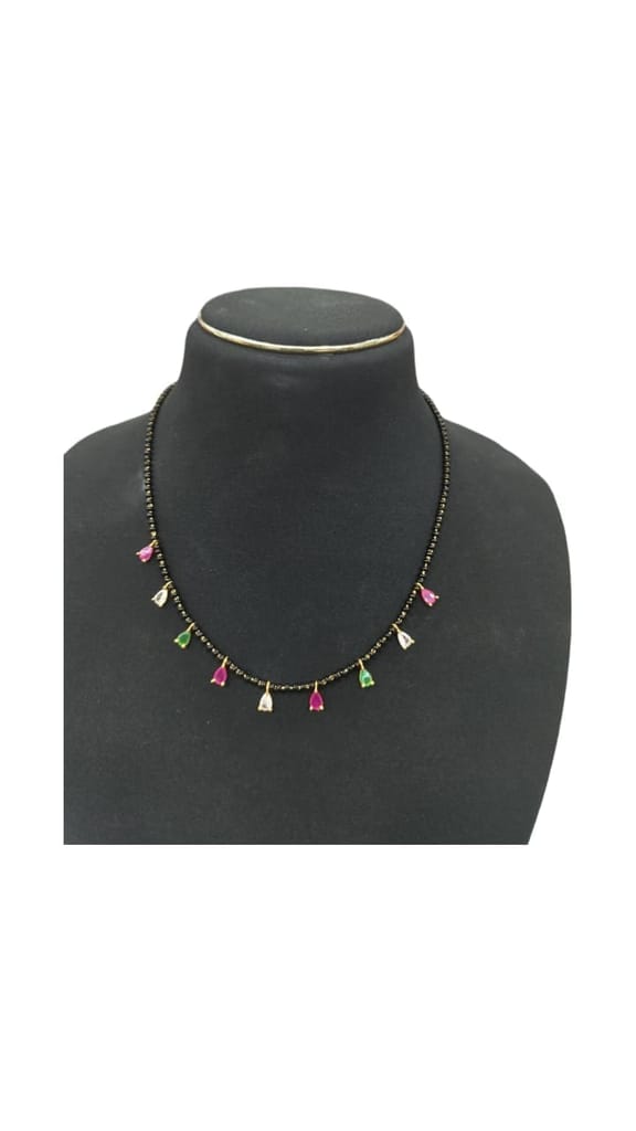 Black Beads Necklace with Gold Plated Pendants and Pink and Green Stones view 2