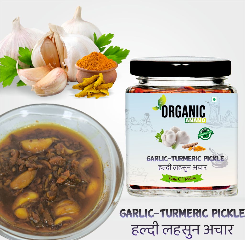 Organic Anand Homemade Garlic Turmeric Pickle 250 gm Kachi Haldi and Lahsoon/Lassan/Lahsun Ka Achaar with Neemwood Spoon Flavourful, Delicious, Traditional Taste (Pack of 1) view 2