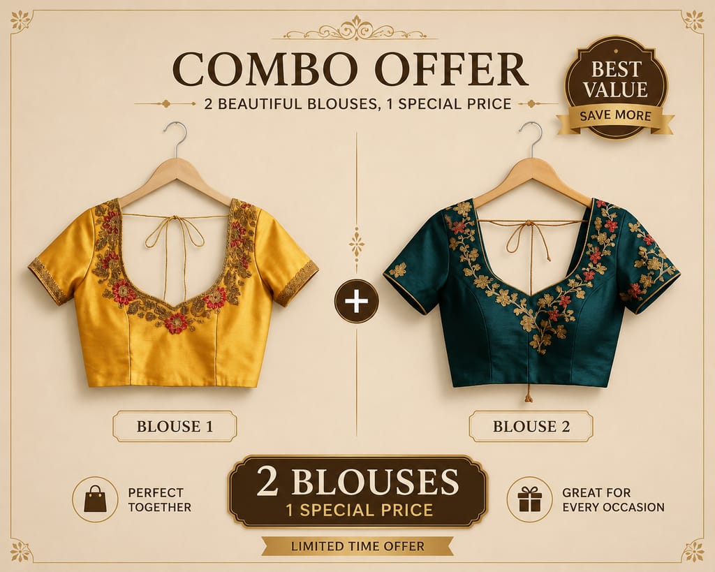 Combo of Traditional Embroidered Silk Blouse – Deep Green & Yellow