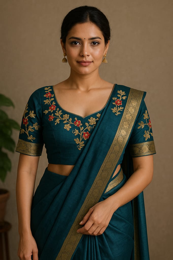 Combo of Traditional Embroidered Silk Blouse – Deep Green & Yellow view 2
