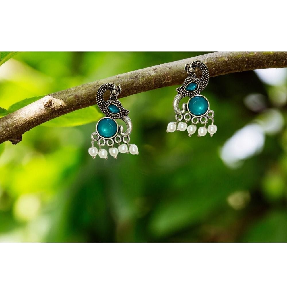 Jewelryklub Earrings For Women Oxidised Silver Peacock Shape Jhumki Earrings For Girls And Women (Green) view 2