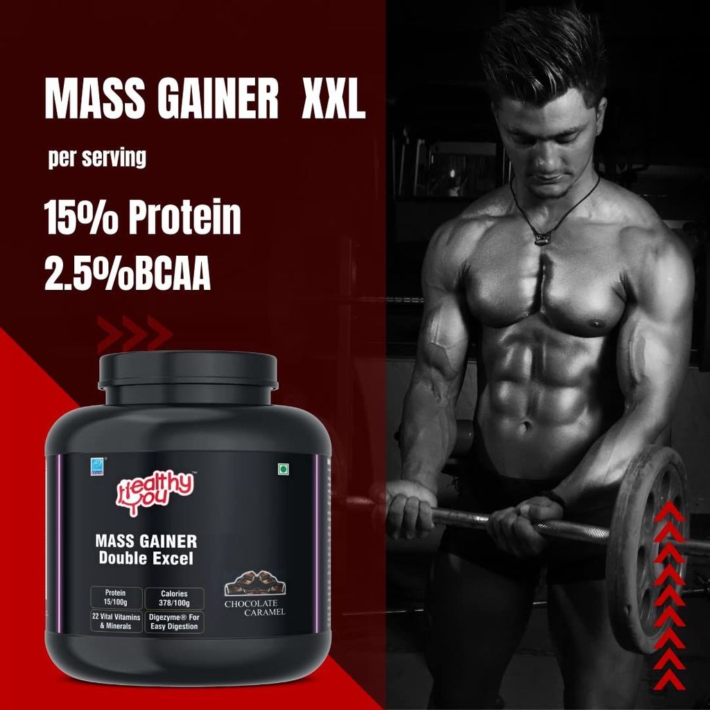 Healthy You Mass Gainer Double Excel | 13.5g Protein, 2.1g BCAA per 90g scoop| Improved Endurance and Muscle Recovery| Supports Weight Gain| Easy to Digest view 2