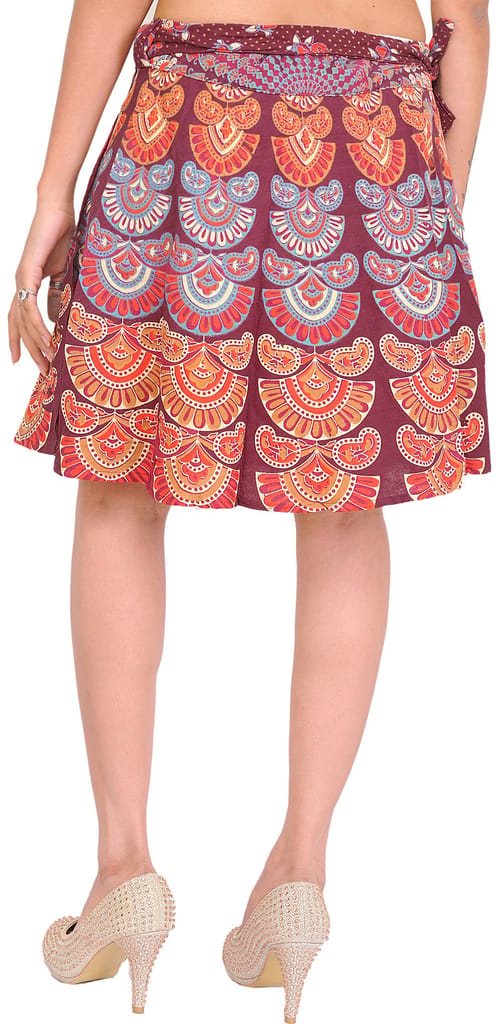 Burgundy Sanganeri Wrap-Around Mini-Skirt with Printed Motifs view 2
