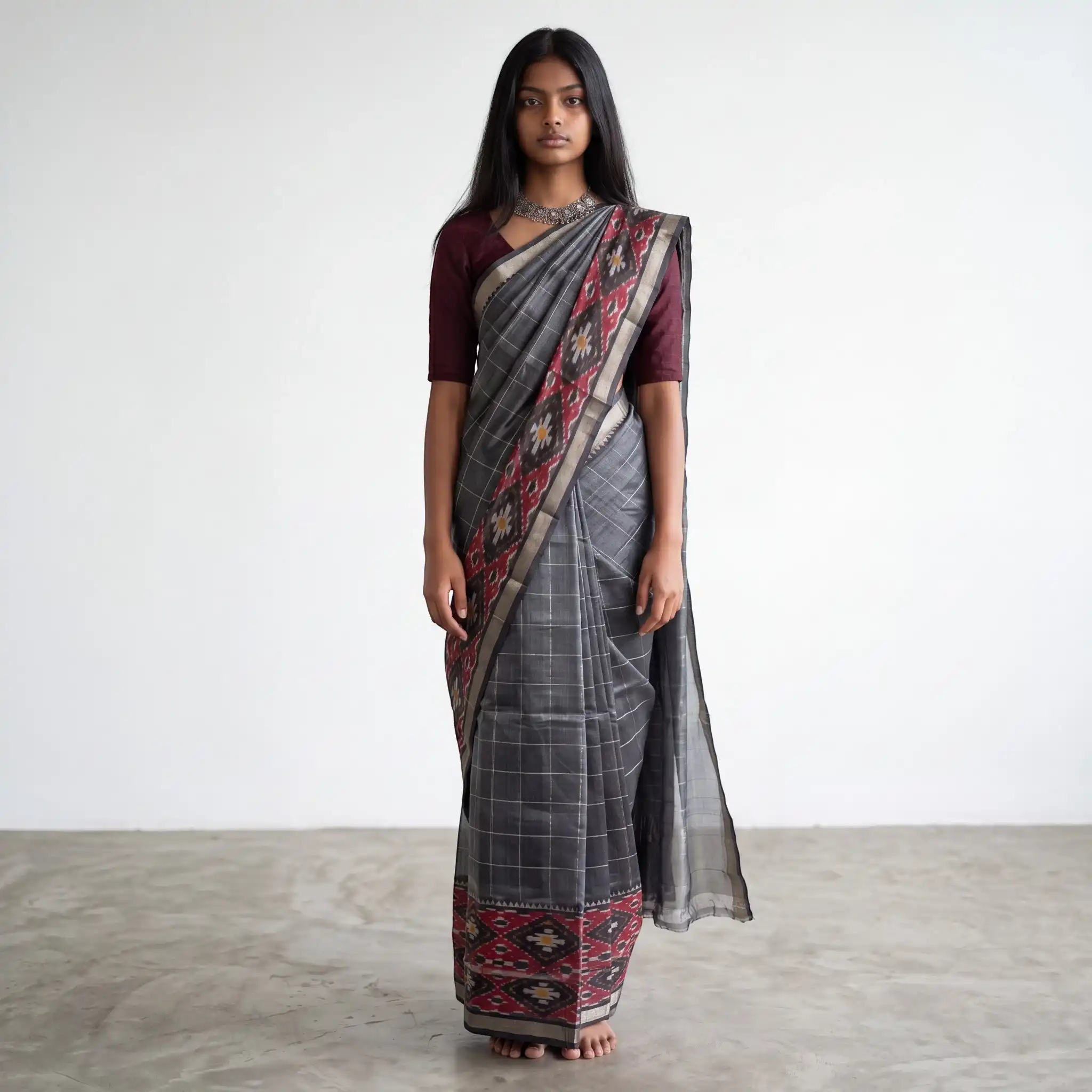 Charcoal Grey Mangalgiri Ikat Silk Saree, Temple Border