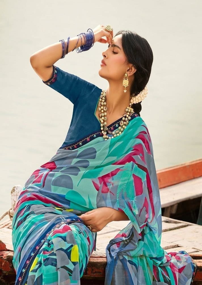 Multicolor Color Georgtte Saree With Embroidery Border And Embroidery Georgette Blouse Piece view 2
