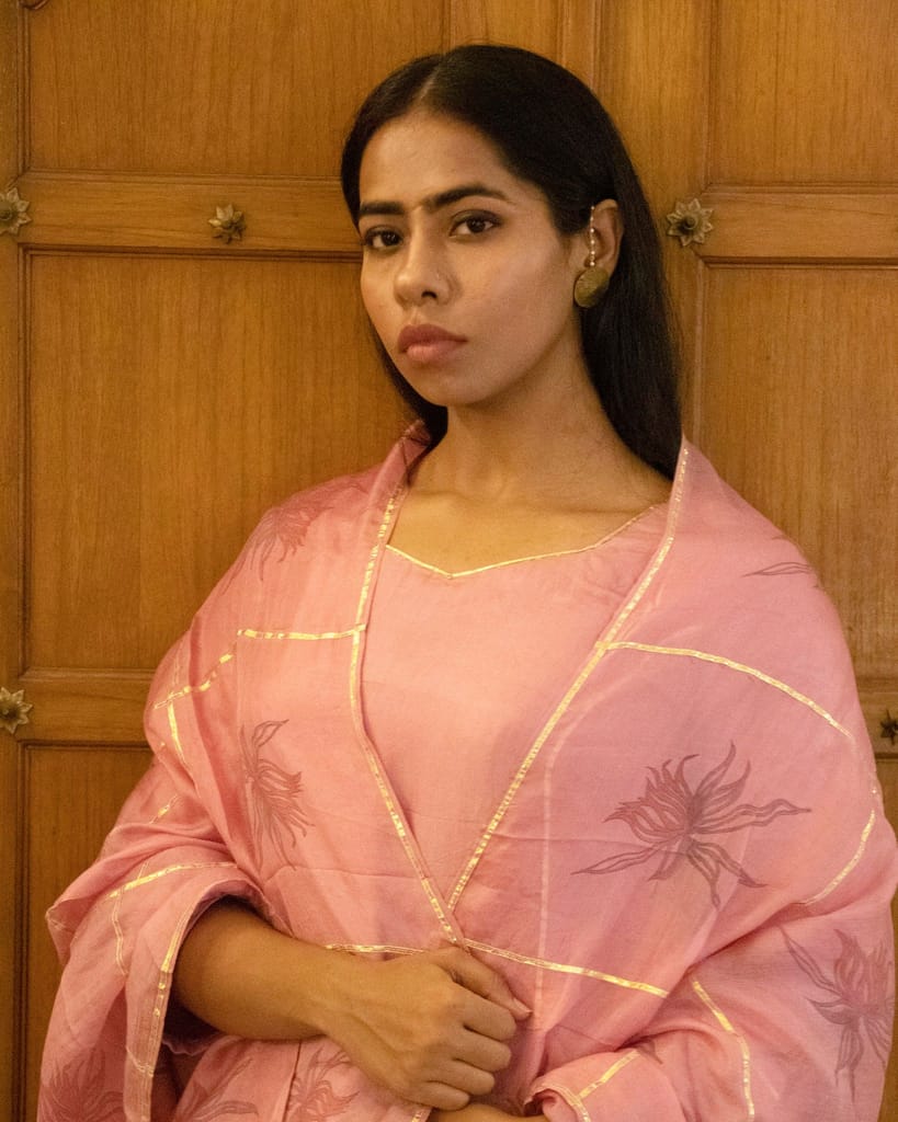 Dusty Onion Pink Silk A-Line Kurta Set by Aagaaz Jaipur view 2