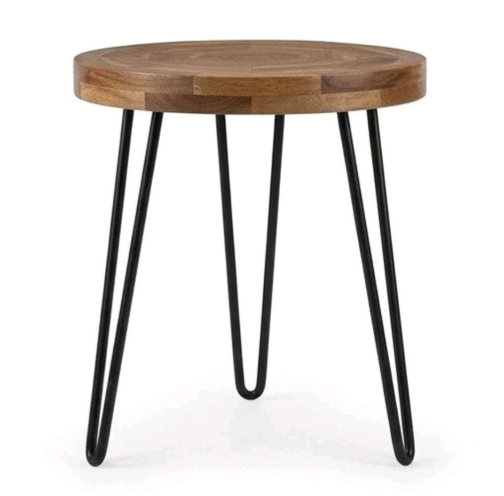 Handcrafted Round Wooden Coffee Table Iron Trio Legs Modern Table view 2