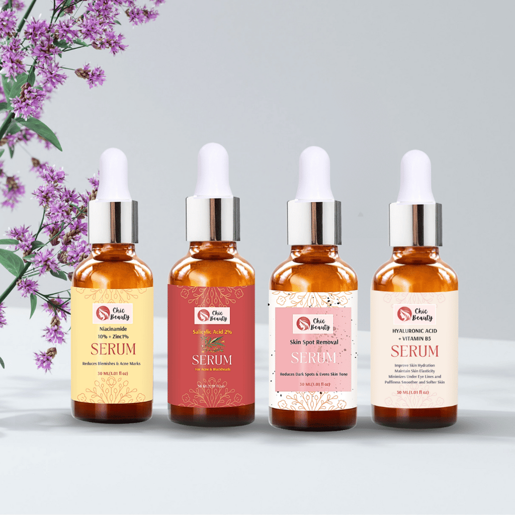 Chic Beauty Skincare Serum Combo Kit (Hyaluronic Acid & Vitamin B5 Serum 30ml + Niacinamide 10% & Zinc 1% Serum 30ml + Salicylic Acid 2% Serum 30ml + Skin Spot Removal Serum 30ml)