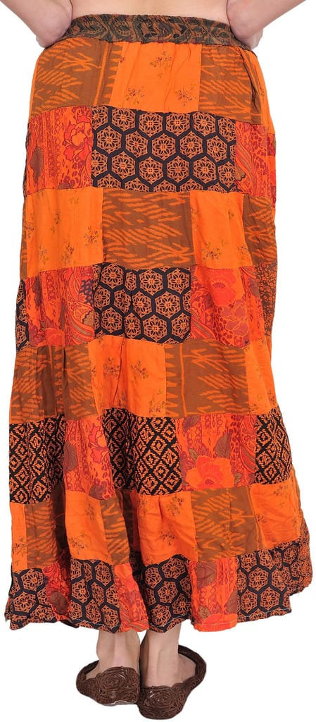 Orange Printed Long Boho Skirt from Gujarat with Patch Work view 2