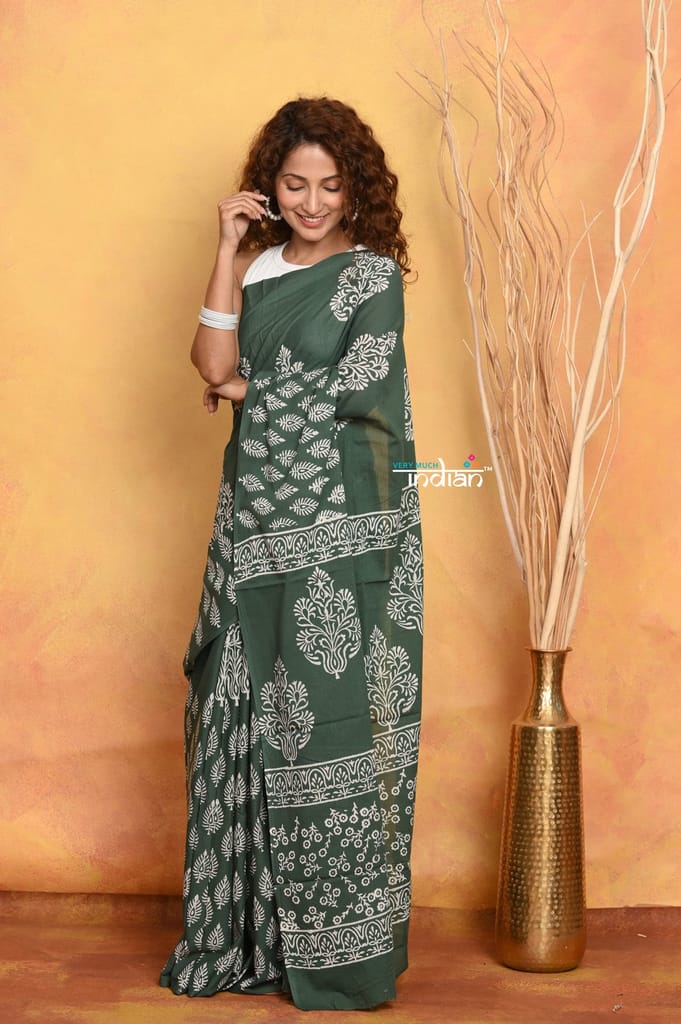 Mastaani ~ Handblock Printed Cotton Saree With Natural Dyes - Green view 2