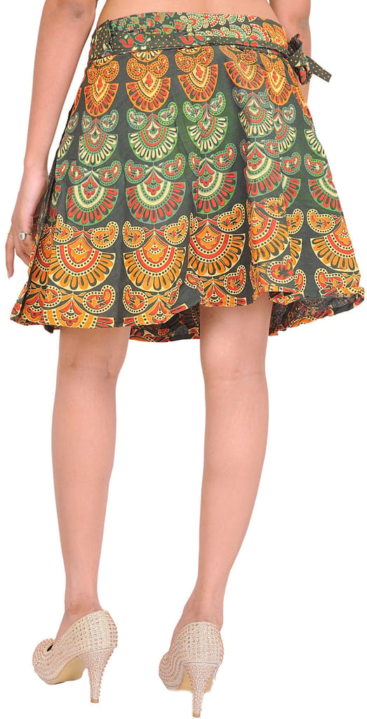 Kombu-Green Sanganeri Wrap-Around Mini-Skirt with Printed Motifs view 2