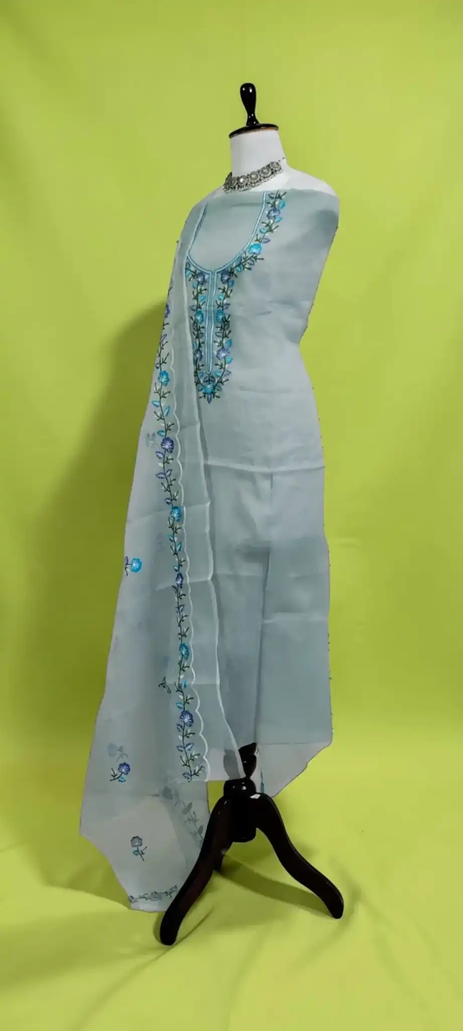 Kota Doria Handloom Dress Material with Blue Floral Gota Patti Yoke view 2