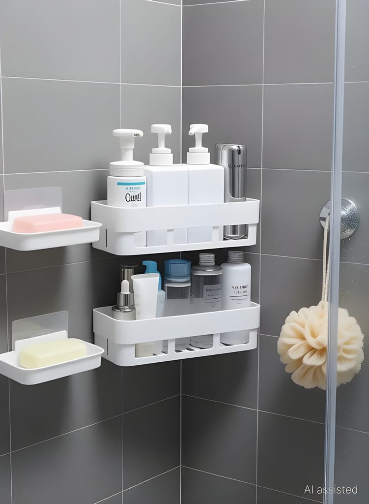 Self Adhesive Bathroom Wall Shelf Organizer Set with Soap Holder | No Drill Plastic Storage Rack for Shampoo, Conditioner, Cosmetics, Kitchen & Bathroom Accessories (Original Quality) view 2
