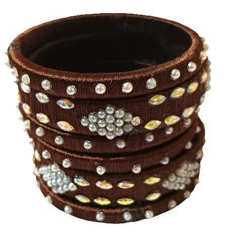 Elegant Brown Silk Thread Bangles Set with Pearl & Kundan Stone Embellishments for Women view 2
