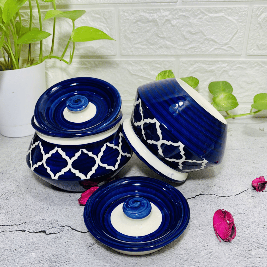 Homefrills Handpainted Multi-Utility Storage Ceramic Jar & Container with Lid/Achar Barni/Handi for Storage of Achar/Snacks /Pickle/cookies etc. (2 Handi with Lid )Colour-Blue Capacity-350 ML(approx)Each. view 2