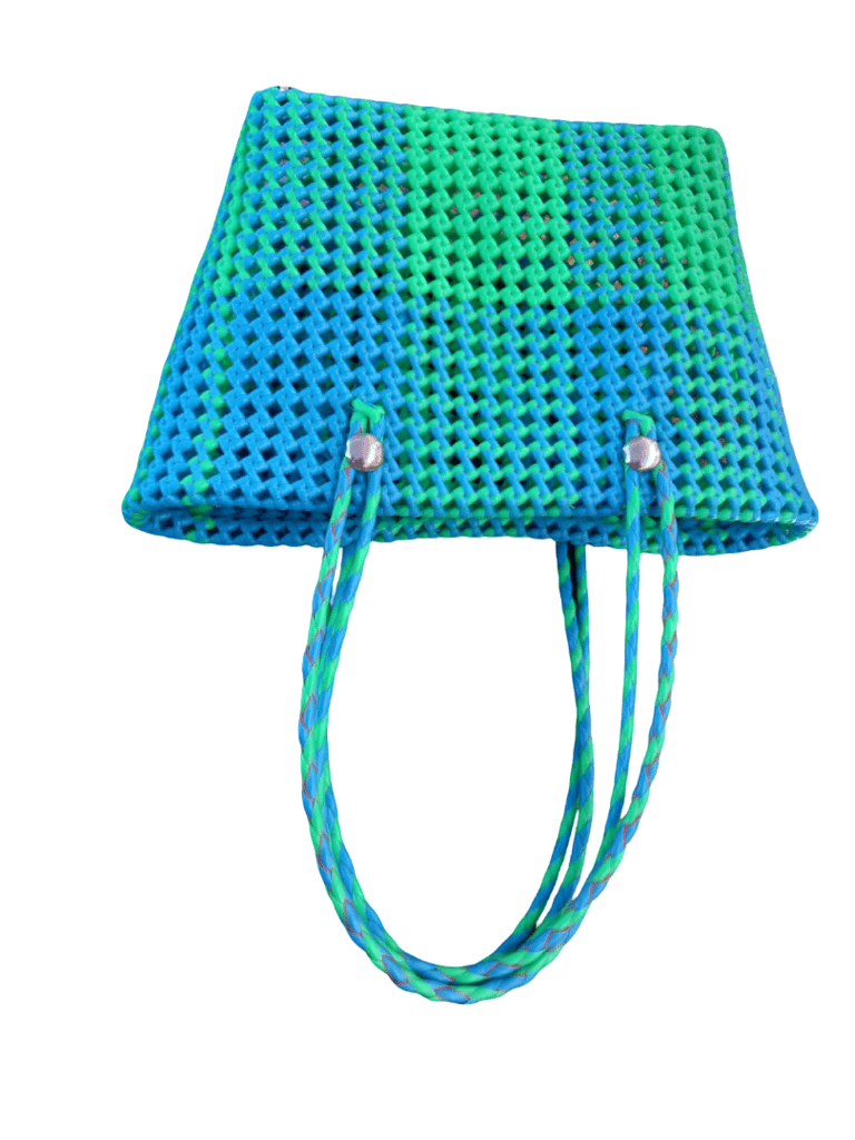 Handwoven Blue & Green Plastic Tote Bag view 2