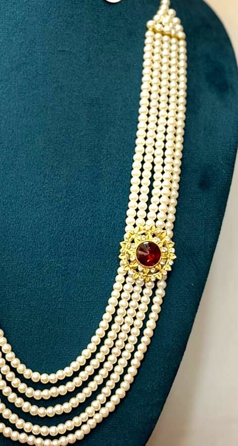 rajwadi dulha haar featuring royal round side brooch with maroon stone view 2