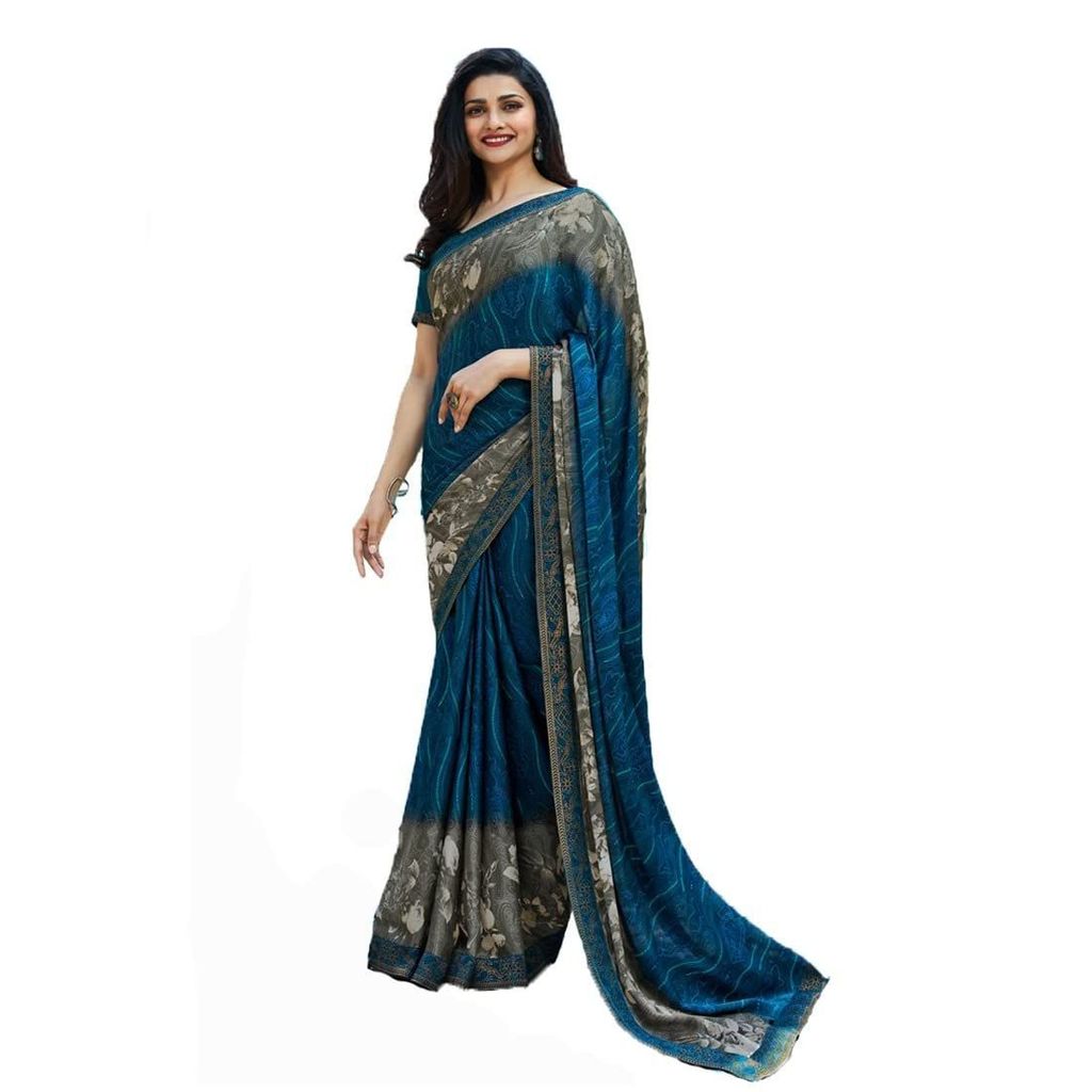 HHK Fashion Women's Printed Georgette 5.5 Meter Saree with Unstitched Blouse Piece