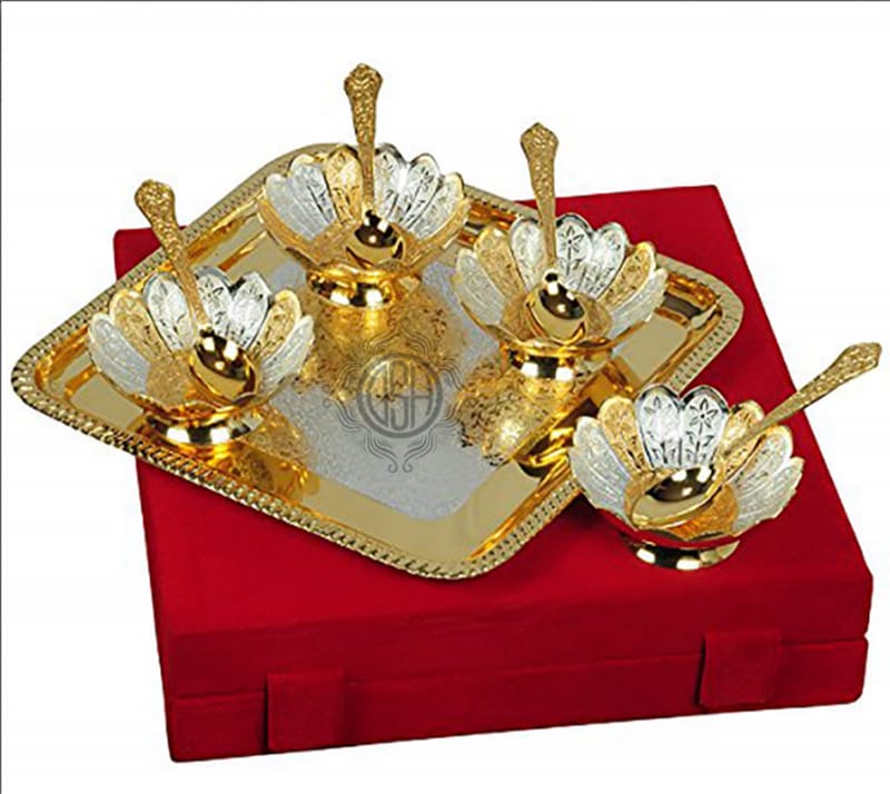 Silver and Gold Plated Kamal Bowl Set with Spoon and Tray for Wedding Anniversary Gift Item with Velvet Box-Set of 9 view 2