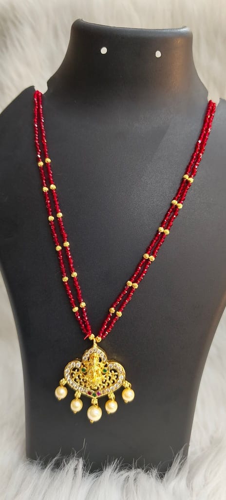 Traditional Indian Gold Plated Temple Pendant Necklace Set with Red Beads view 2